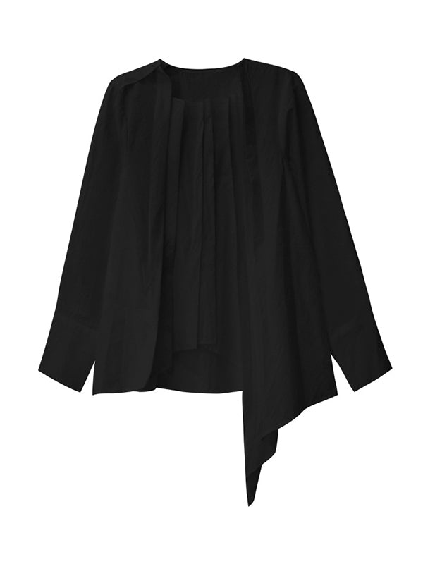 Hipster Irregularity Asymmetric Pleated Solid Color Round-Neck Blouses&Shirts Tops