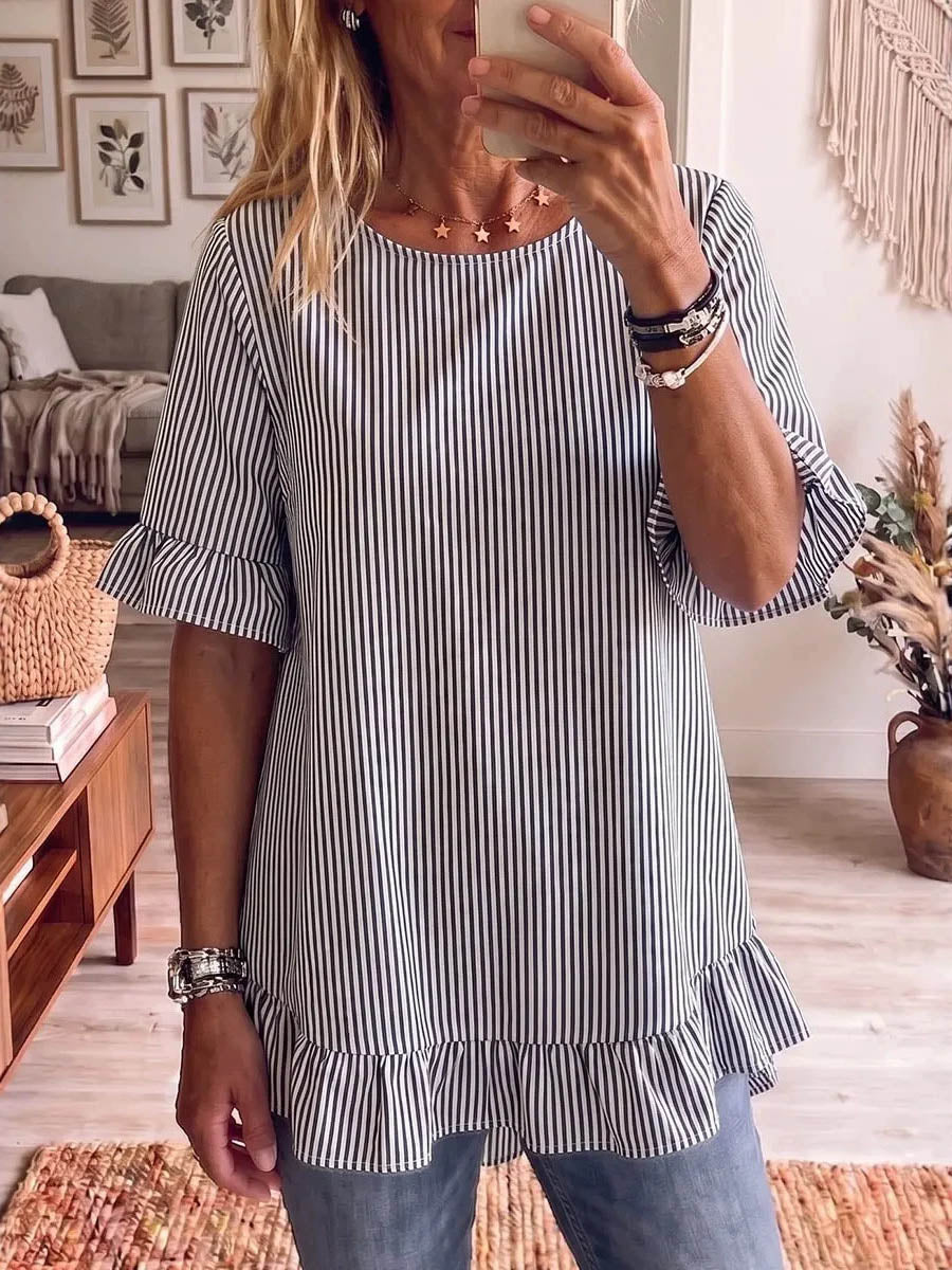 Half Sleeves Loose Pleated Ruffle Trim Striped Round-Neck Blouses&Shirts Tops