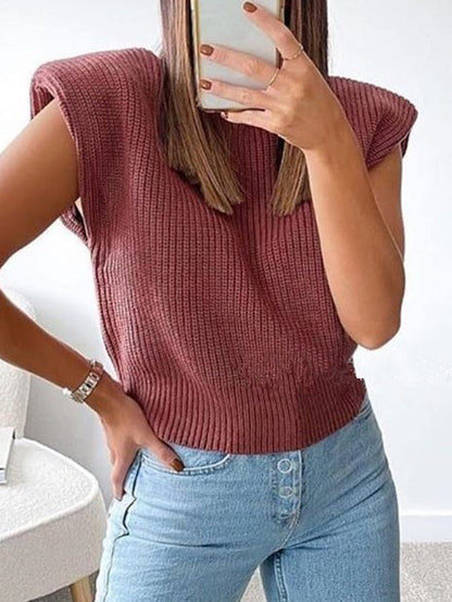 Casual Cap Sleeve Solid Color High-Neck Sweater Tops Pullovers