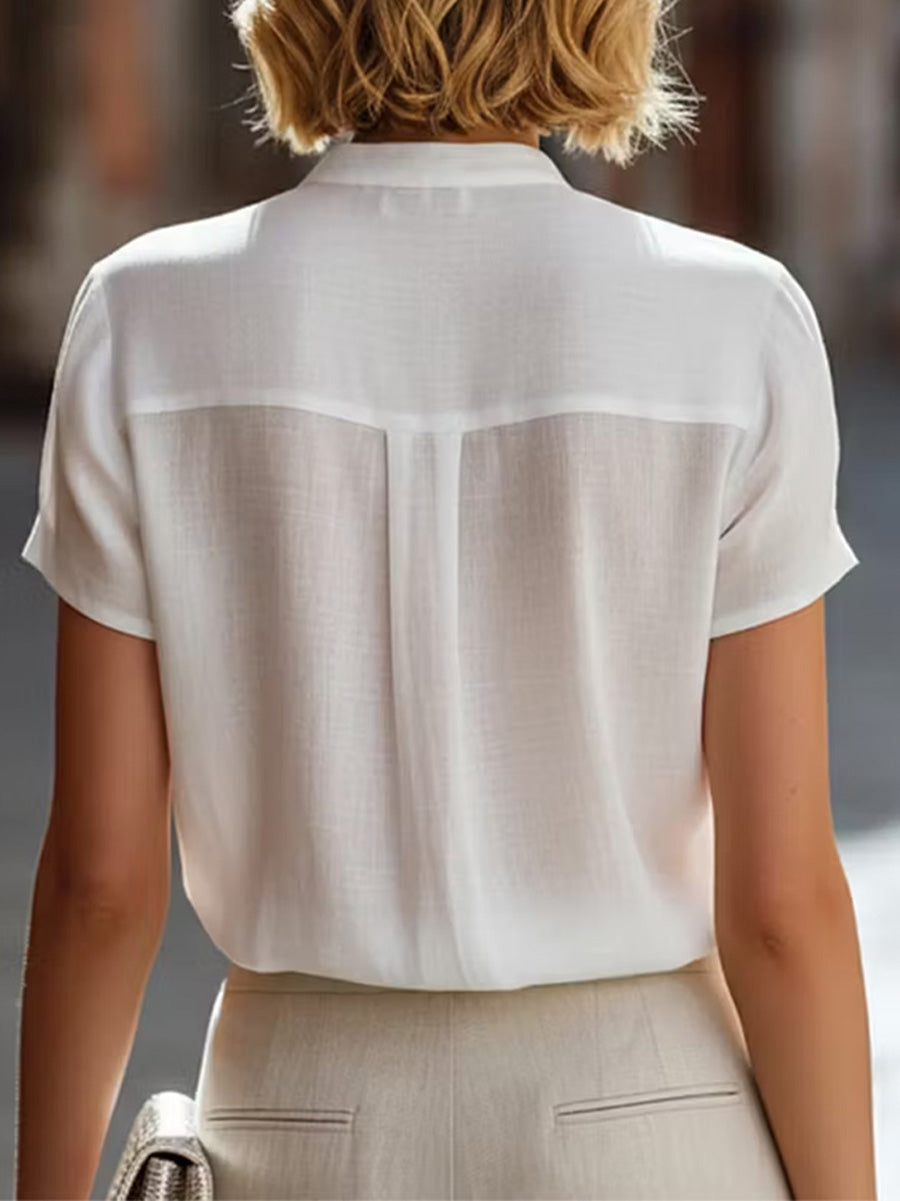 Loose Short Sleeves Buttoned Solid Color Split-Joint Round-Neck Blouses&Shirts Tops