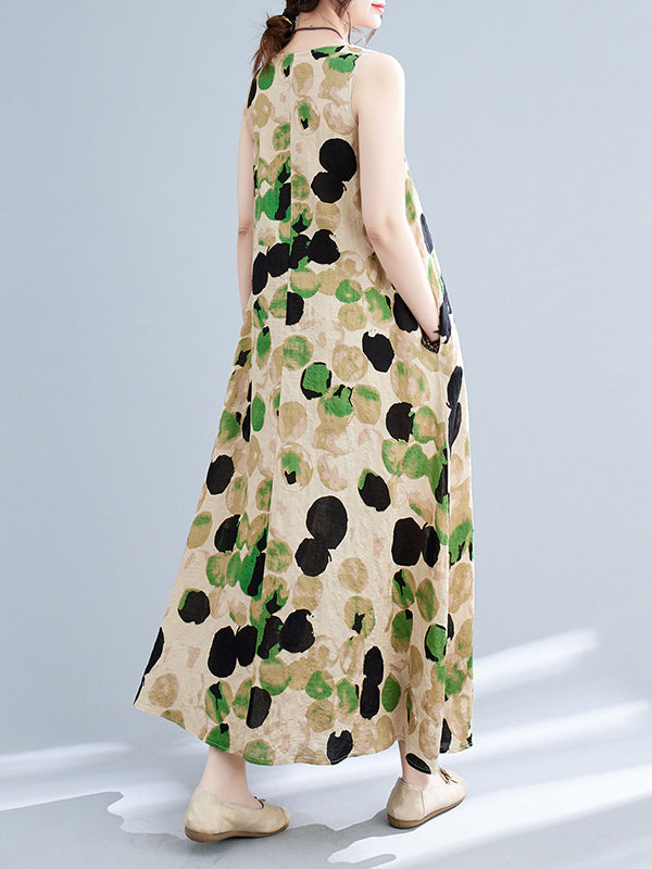 Robe longue ample sans manches à imprimé fendu et col rond 