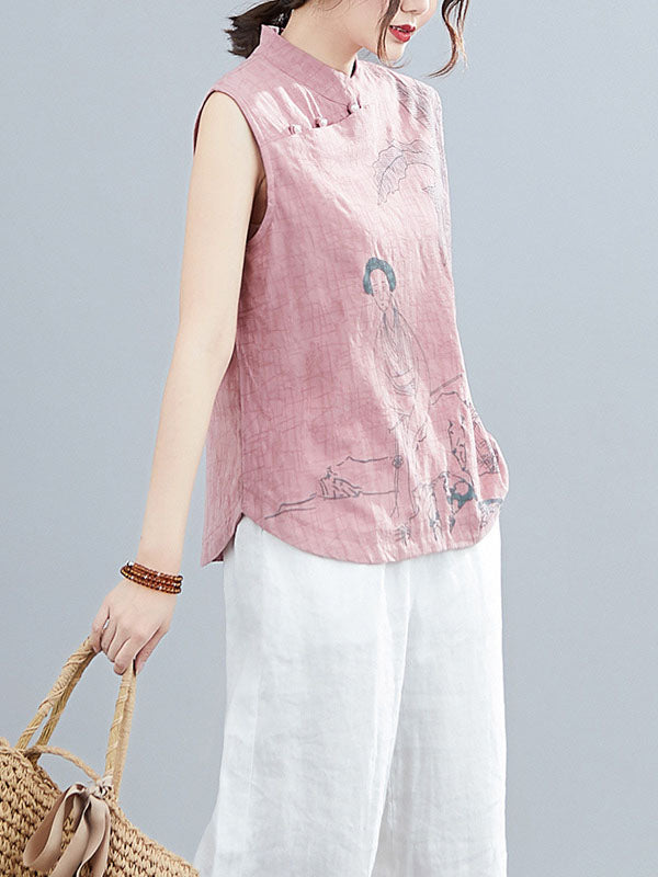 Gilet sans manches à col montant boutonné imprimé de style rétro chinois artistique 