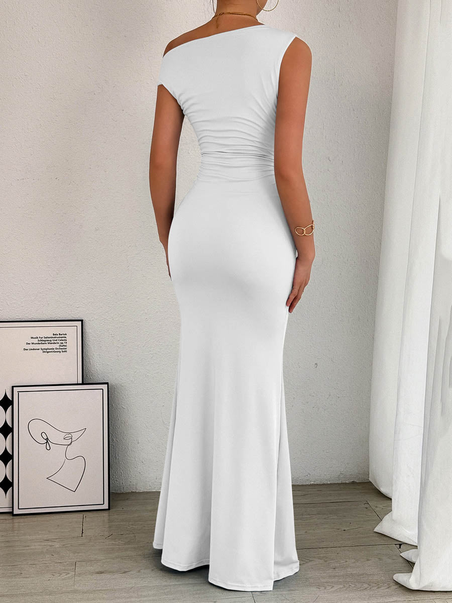 Bodycon High Waisted Asymmetric Pleated Solid Color Split-Side One-Shoulder Maxi Dresses