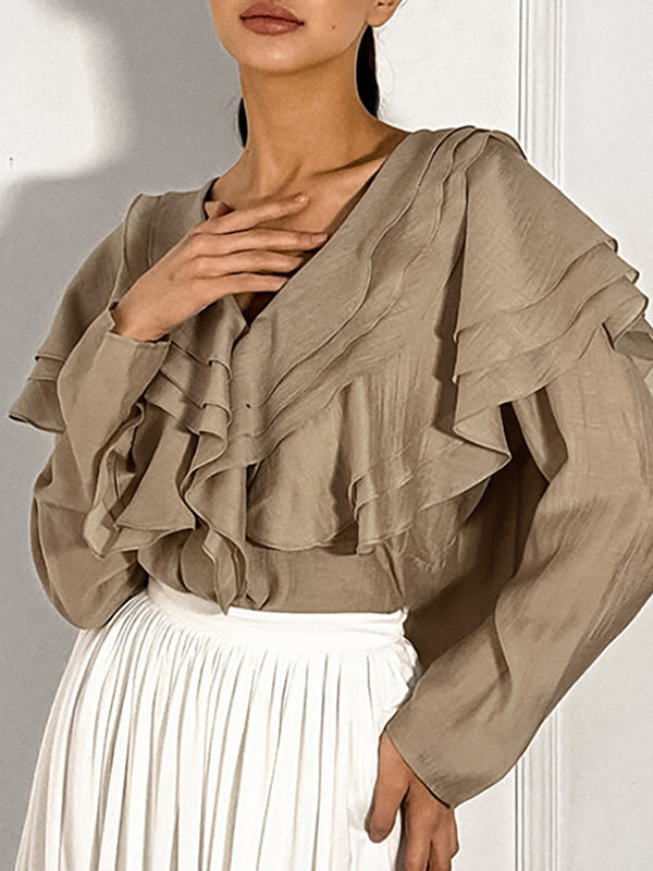 Long Sleeves Backless Ruffled Solid Color V-Neck Blouses&Shirts Tops
