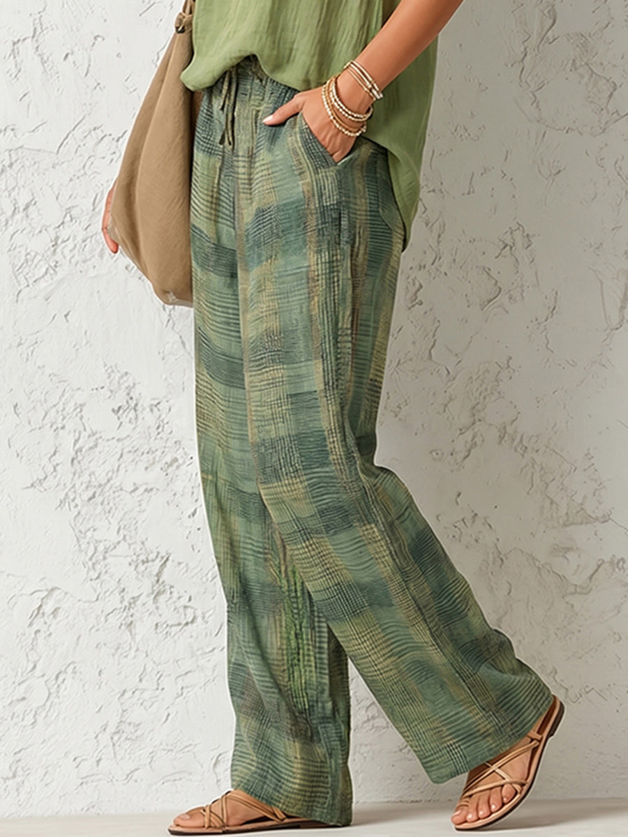High Waisted Loose Contrast Color Plaid Pockets Pants Trousers