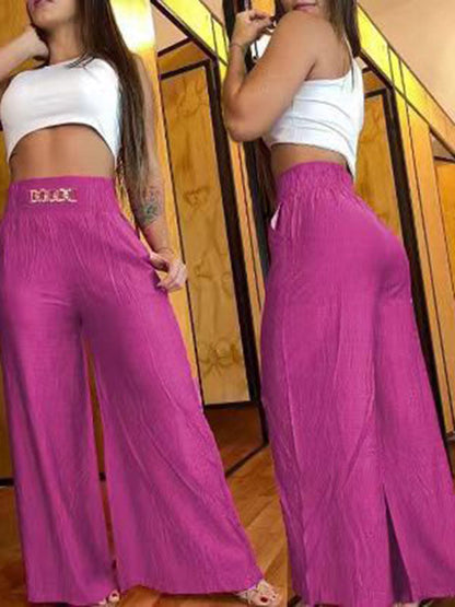 High Waisted Loose Chains Elasticity Pleated Pockets Pants Trousers FUCHSIA