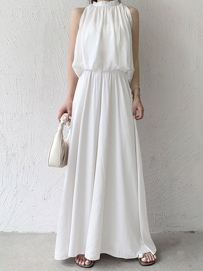 Pantalon culotte taille haute ample et élastique plissé de couleur unie 