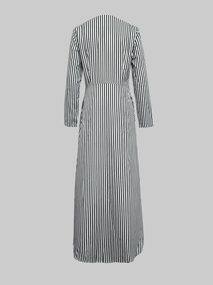 A-Line Loose Asymmetric Split-Joint Striped V-Neck Maxi Dresses Shirt Dress