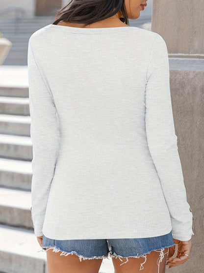 Long Sleeves Buttoned Solid Color Striped Square-Neck Knit Top