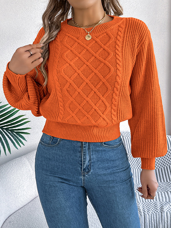 Elasticated Waist Long Sleeves Cable Knit Solid Color Round-Neck Knit Top Sweater Tops