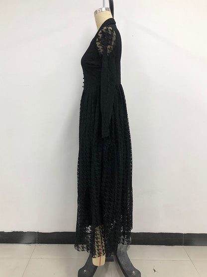 Robe longue taille haute, manches longues, boutonnée, transparente, couleur unie, col en V 