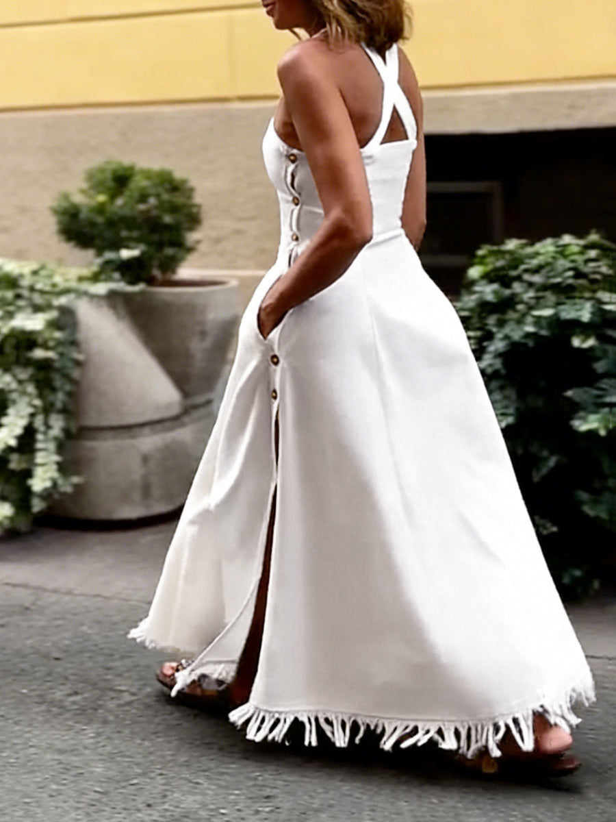A-Line High Waisted Buttoned Pleated Pockets Solid Color Split-Side Tasseled Square-Neck Maxi Dresses