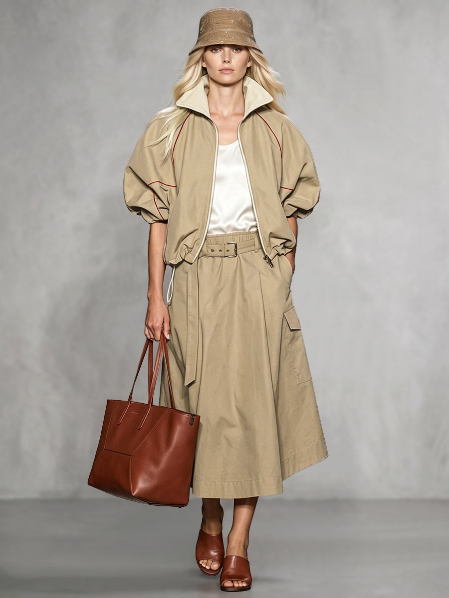 Zipper Drawstring Contrast Color Loose Half Sleeves Lapel Outerwear