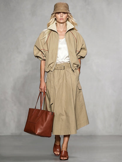 Zipper Drawstring Contrast Color Loose Half Sleeves Lapel Outerwear