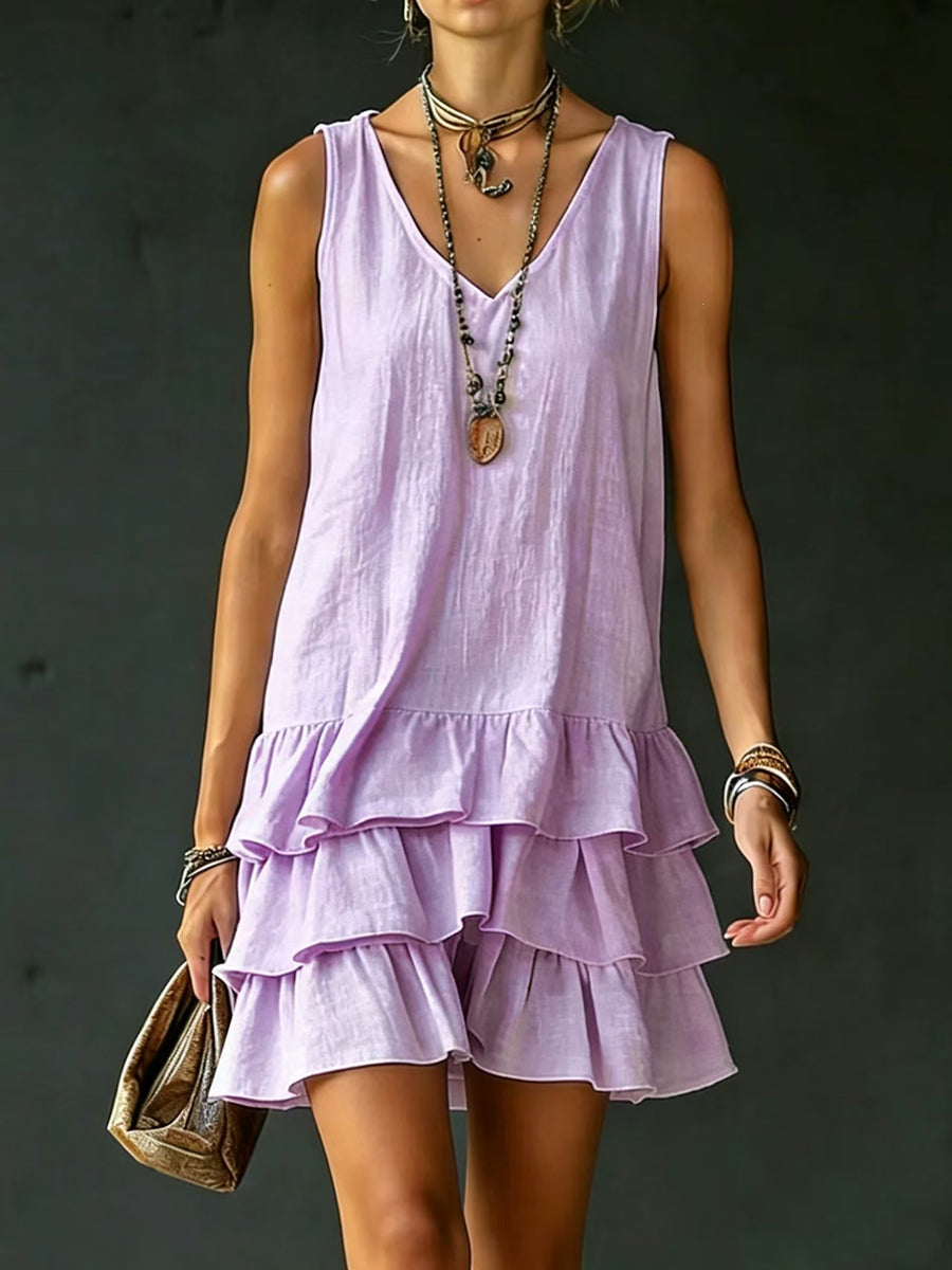 Loose Sleeveless Layered Solid Color V-Neck Mini Dresses