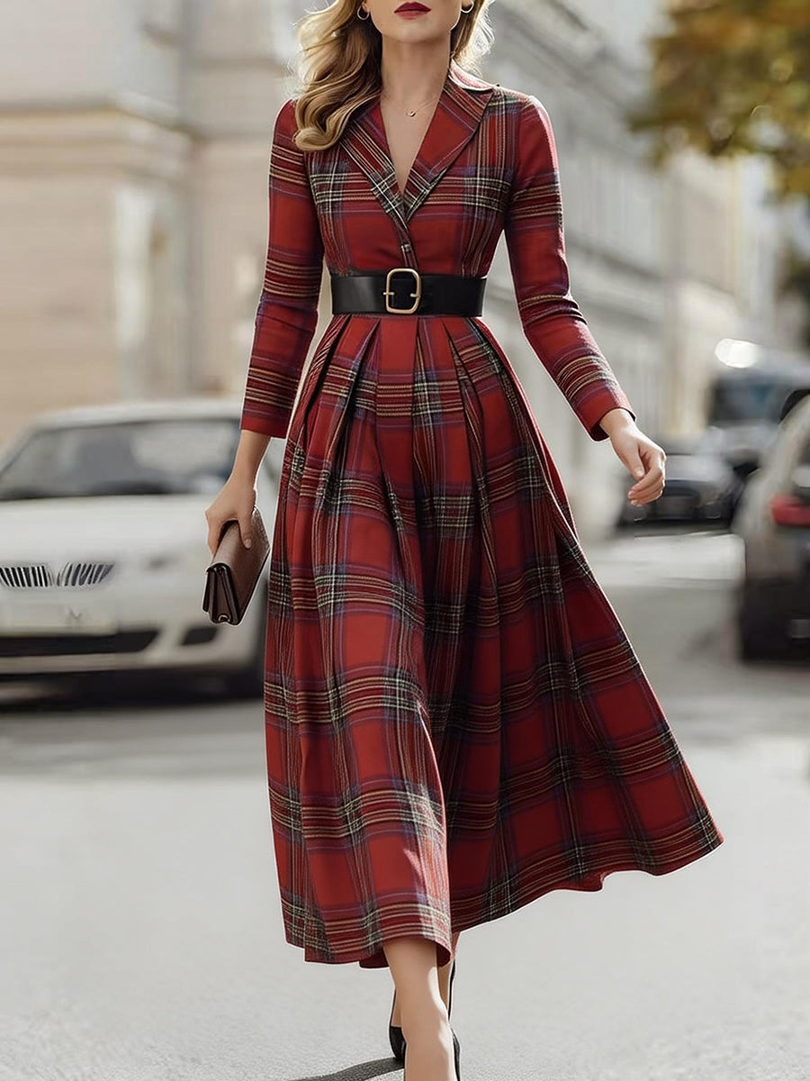 A-Line Bodycon Belted Contrast Color Plaid Split-Joint Lapel Maxi Dresses