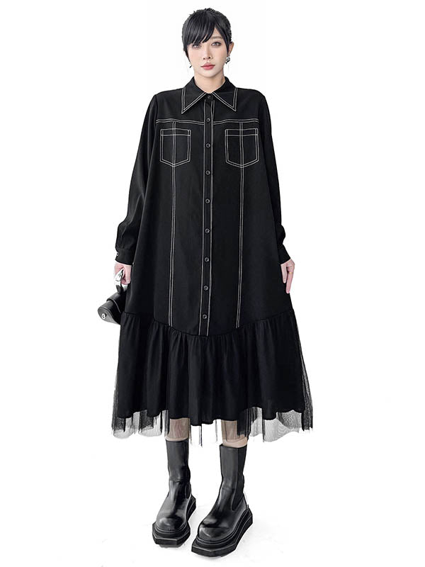 Irregularity Long Sleeves Asymmetric Buttoned Line Solid Color Split-Joint Lapel Midi Dresses Shirt Dress