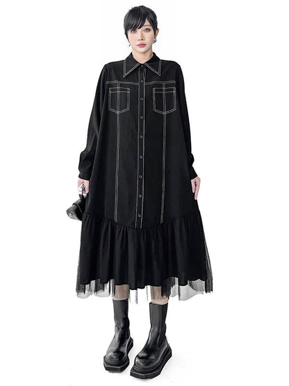 Irregularity Long Sleeves Asymmetric Buttoned Line Solid Color Split-Joint Lapel Midi Dresses Shirt Dress