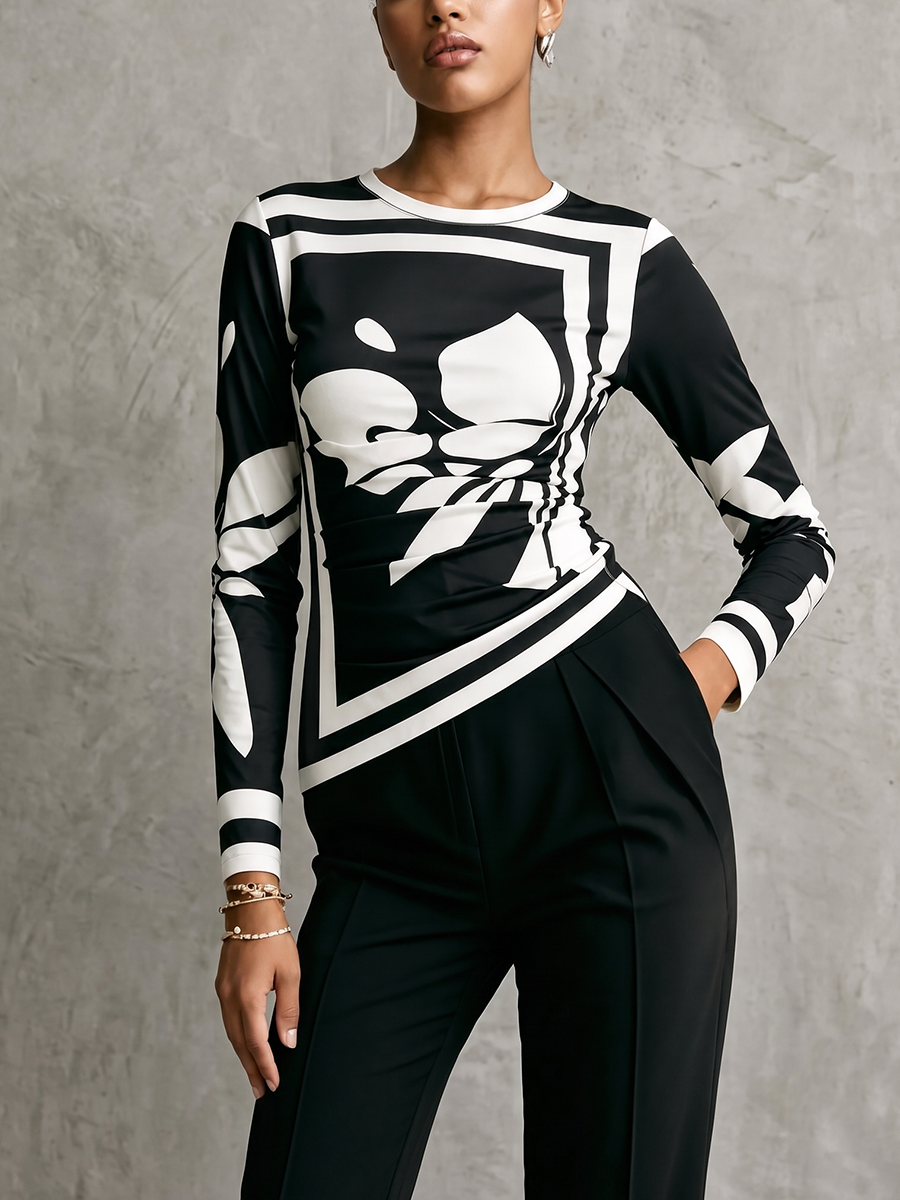 Pleated Flower Print Contrast Color Asymmetric Skinny Long Sleeves Round-neck T-Shirts Tops