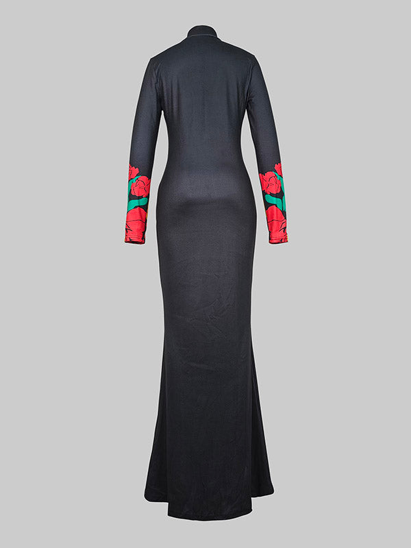 Robes longues à col montant et imprimé floral multicolore 