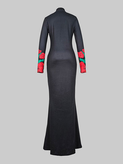 Robes longues à col montant et imprimé floral multicolore 