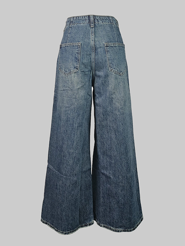 Loose Wide Leg Buttoned Fringed Pockets Jean Pants Bottoms