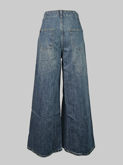 Loose Wide Leg Buttoned Fringed Pockets Jean Pants Bottoms