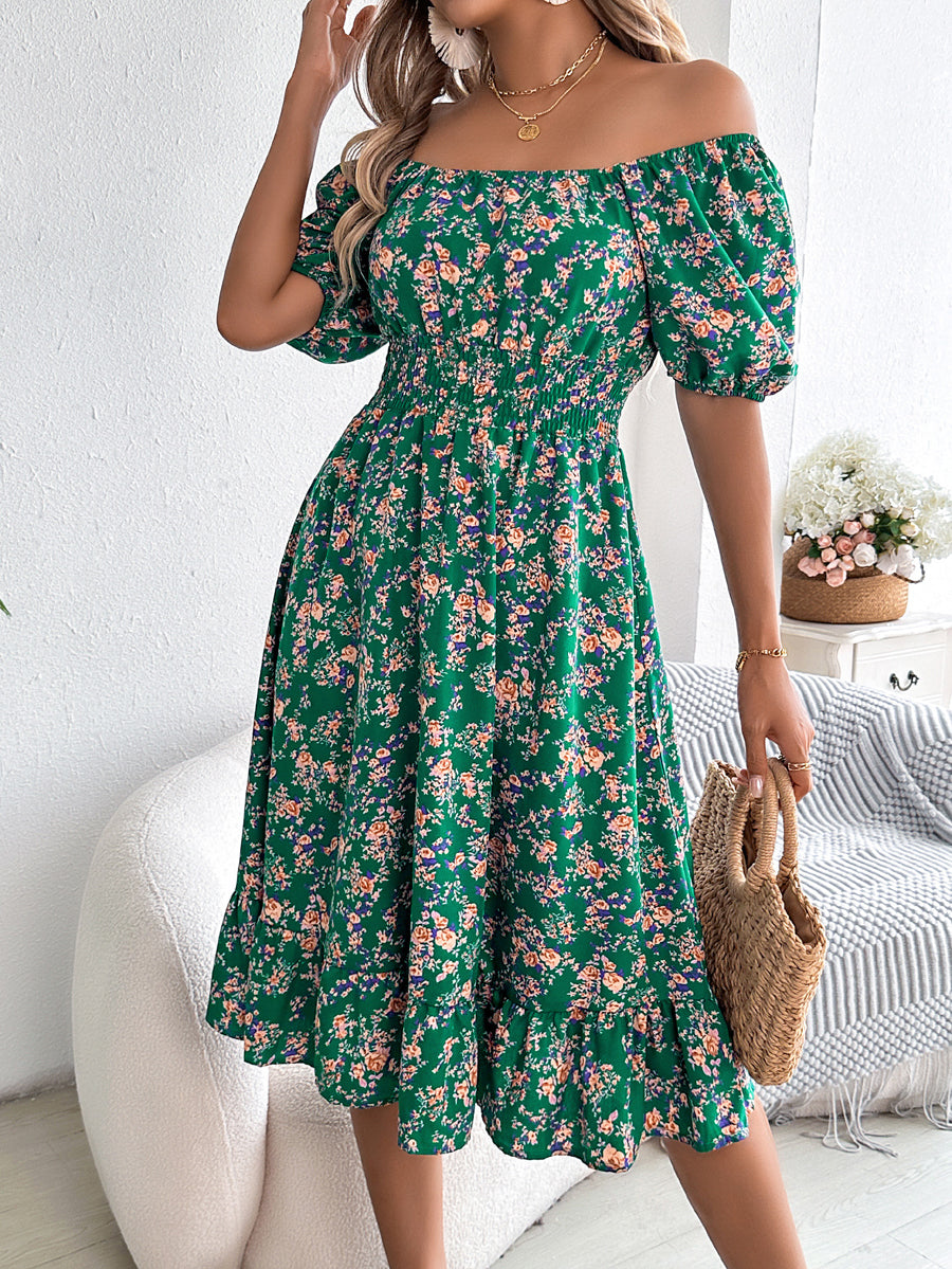 A-Line Short Sleeves Contrast Color Elasticity Flower Print Ruffle Trim Split-Joint Square-Neck Midi Dresses