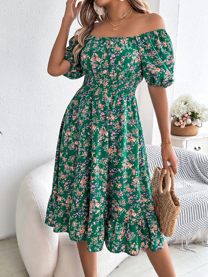 A-Line Short Sleeves Contrast Color Elasticity Flower Print Ruffle Trim Split-Joint Square-Neck Midi Dresses