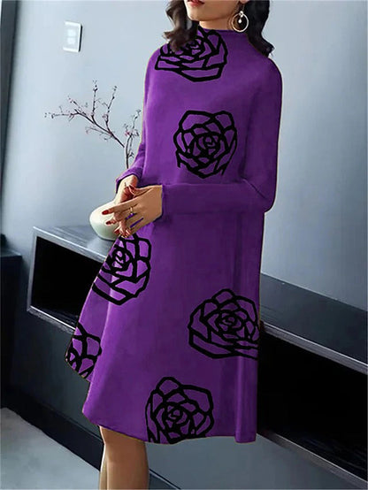 Robe mi-longue trapèze à manches longues et col montant et imprimé floral 