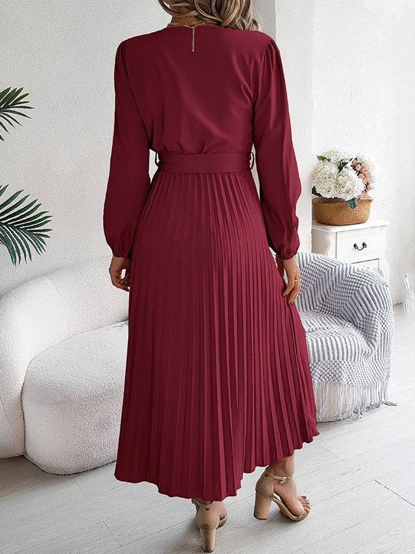 High Waisted Long Sleeves Belted Buttoned Pleated Solid Color V-Neck Maxi Dresses