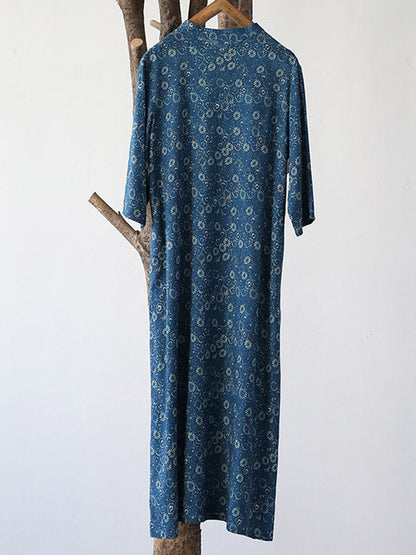 Original Solid Floral Stand Collar Midi Dress