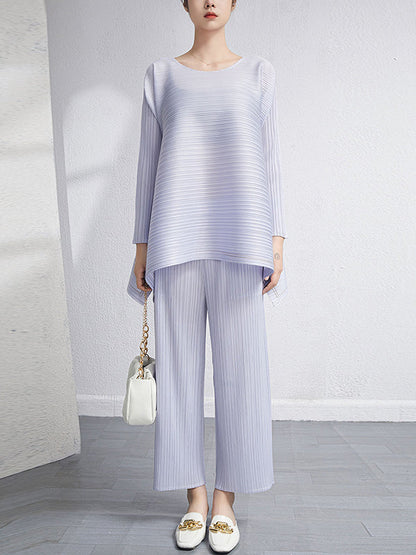 Loose Pleated Solid Color High-Low Round-Neck T-Shirts  + Pants Two Pieces Set