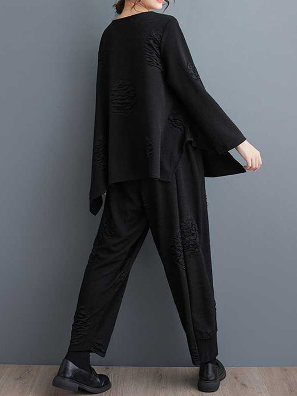 Long Sleeves Asymmetric Solid Color Split-Joint V-Neck T-Shirts Top + Harem Pants Elasticity Pants Bottom Two Pieces Set