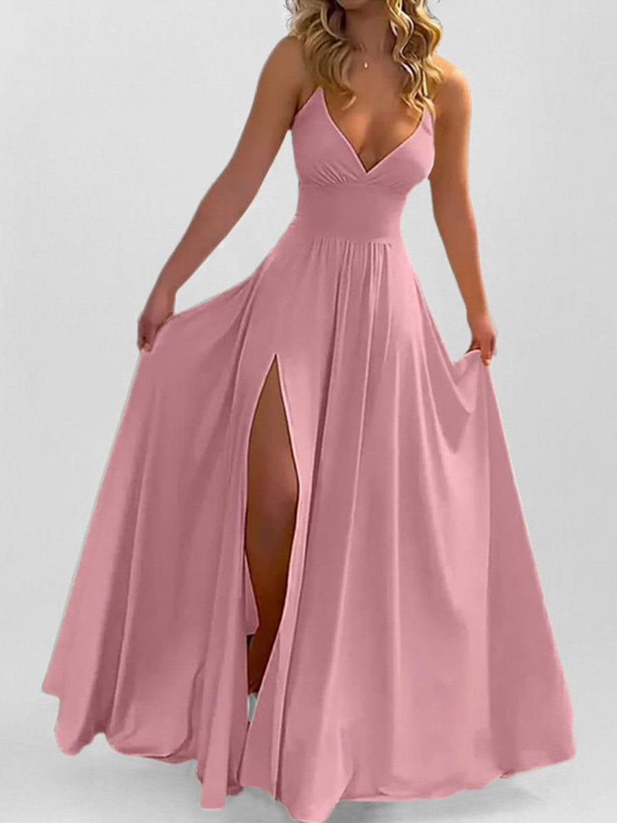 Bodycon High Waisted Pleated Solid Color Split-Joint Split-side Spaghetti-Neck Maxi Dresses