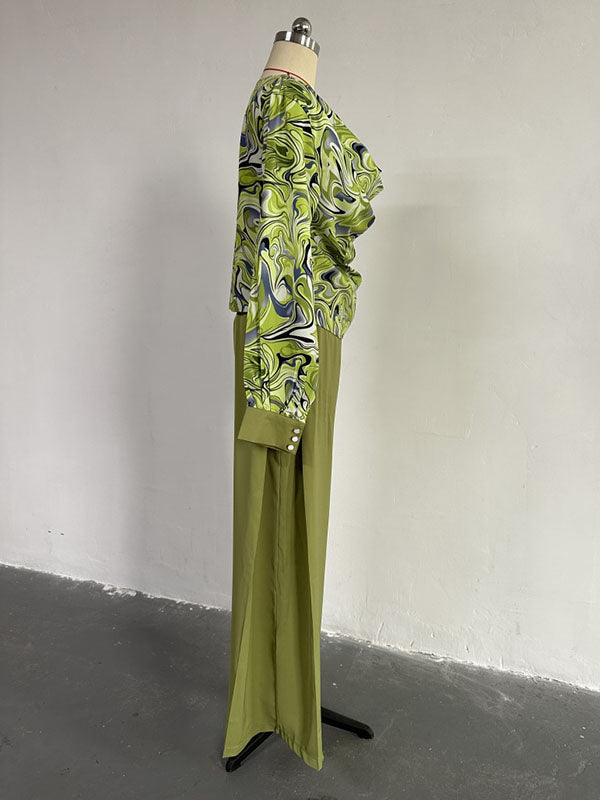 Long Sleeves Printed Heaps Collar Shirts Top + High Waisted Pants Bottom Two Pieces Set