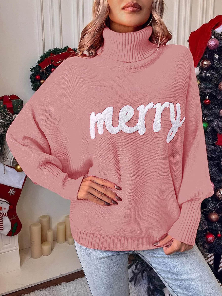 Long Sleeves Loose Contrast Color Printed Split-Joint High Neck Sweater Tops