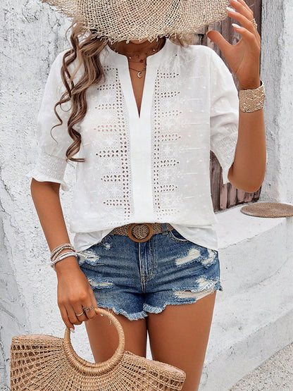 Half Sleeves Loose Elasticity Embroidered Hollow Solid Color V-Neck Blouses&Shirts Tops
