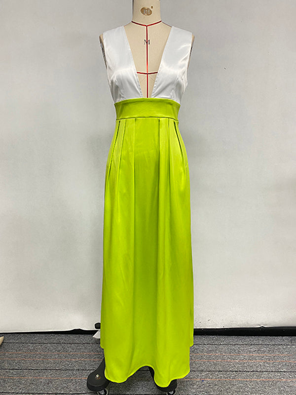 A-Line High Waisted Contrast Color Pleated Zipper Deep V-Neck Maxi Dresses
