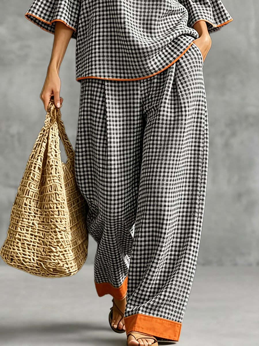 Pockets Plaid Contrast Color Wide Leg High Waisted Trousers Pants