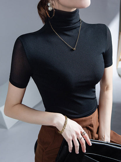 Half Sleeves Skinny Solid Color High Neck T-Shirts Tops