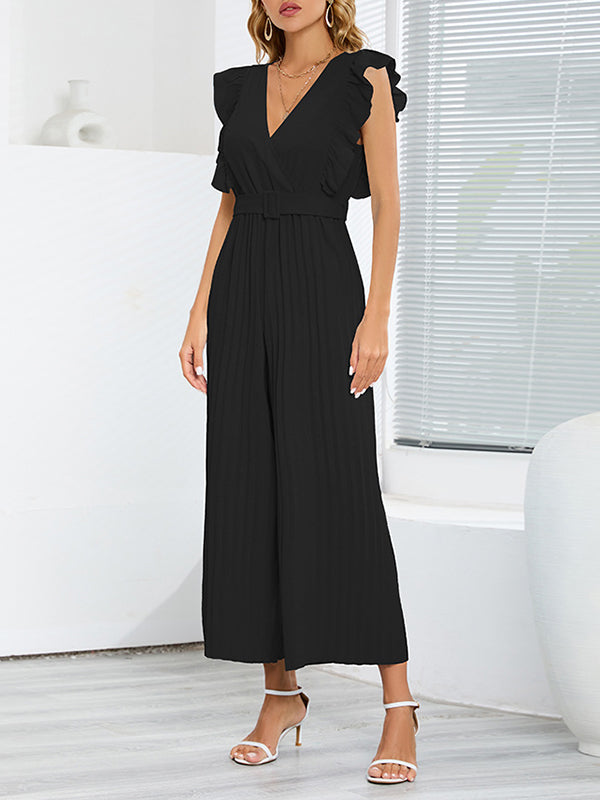 High Waisted Loose Belted Pleated Ruffled Solid Color V-Neck Jumpsuits