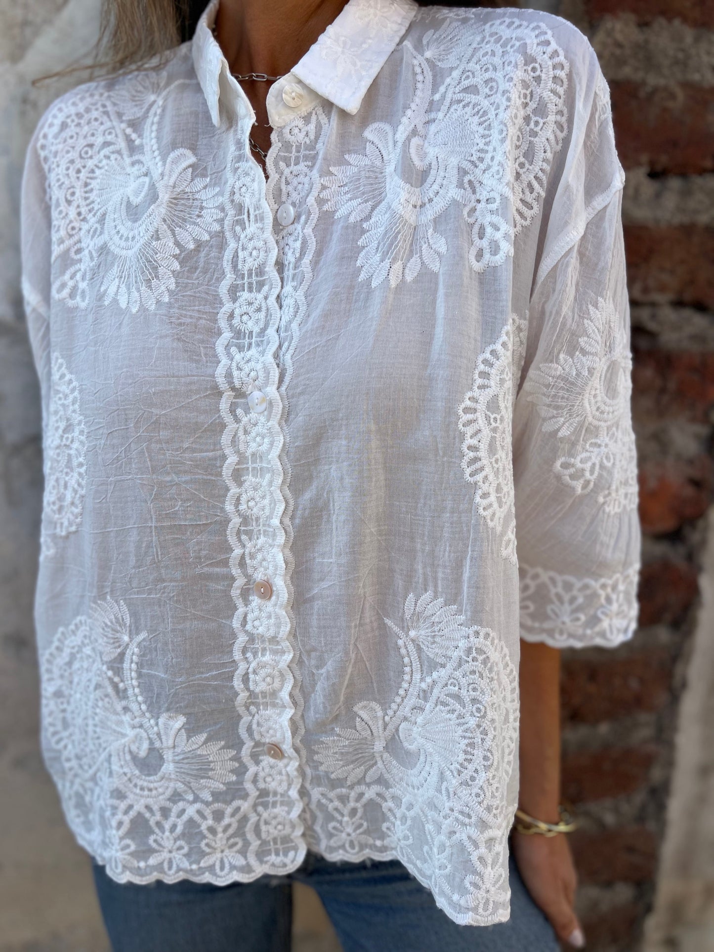 Vivienne | Women's Lace Blouse Long Sleeve Button Down Embroidered Top