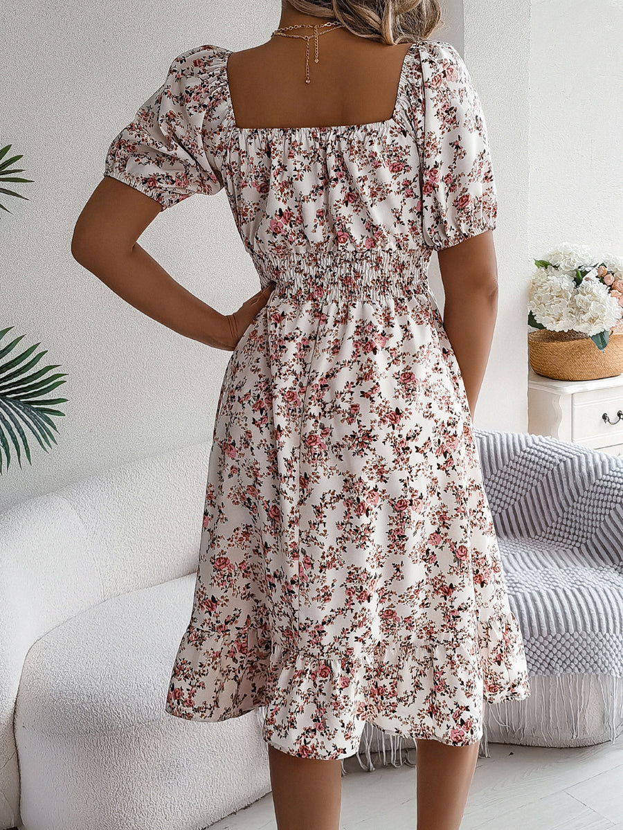 A-Line Short Sleeves Contrast Color Elasticity Flower Print Ruffle Trim Split-Joint Square-Neck Midi Dresses