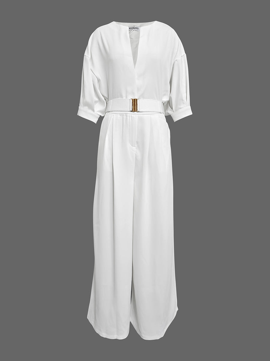 Half Sleeves Loose No Belt Solid Color Deep V-Neck Jumpsuits