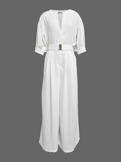 Half Sleeves Loose No Belt Solid Color Deep V-Neck Jumpsuits