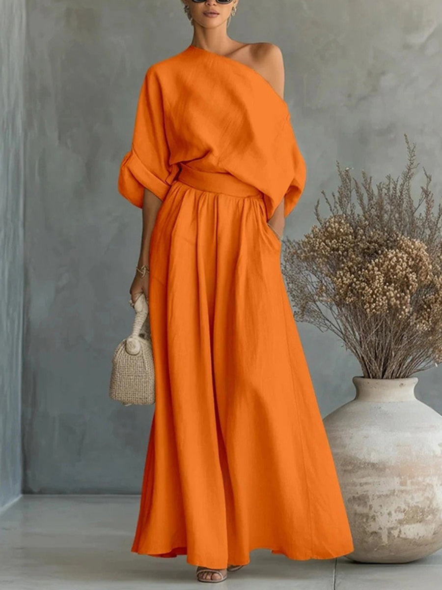 Loose Solid Color One-Shoulder Blouses&Shirts Tops + High Waisted Pleated Pockets Pants Trousers Two Pieces Set