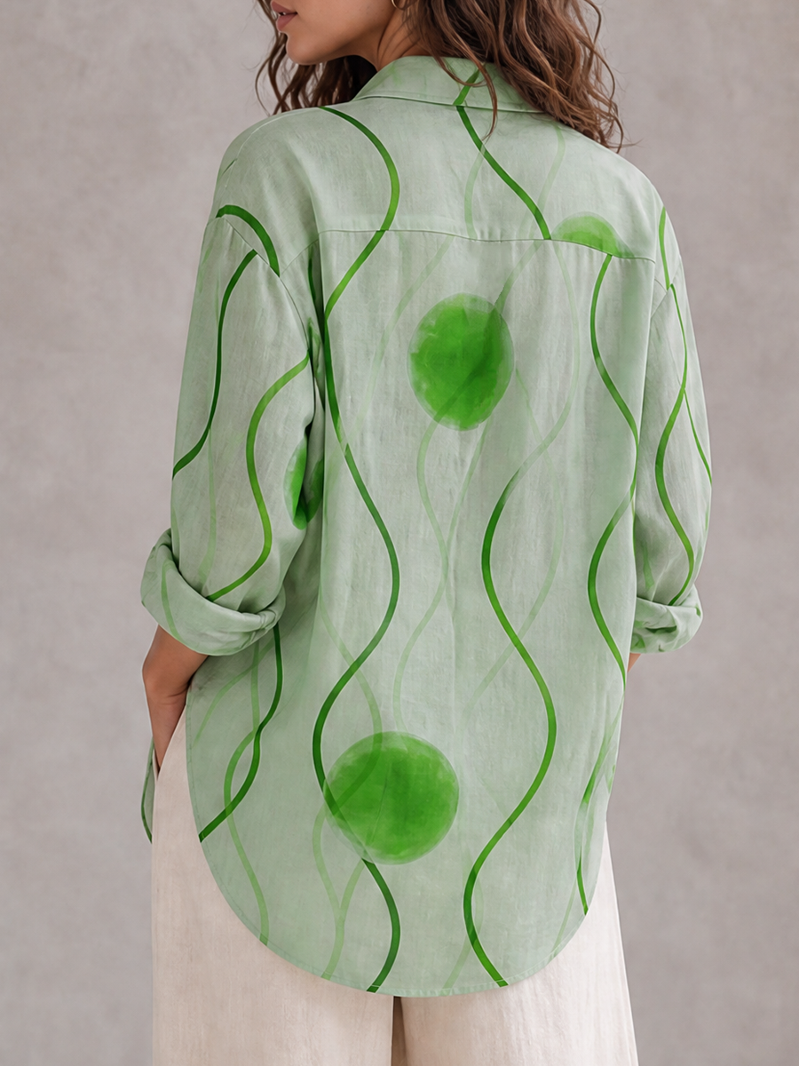 Printed Contrast Color Buttoned Loose Long Sleeves Lapel Blouses&shirts Tops