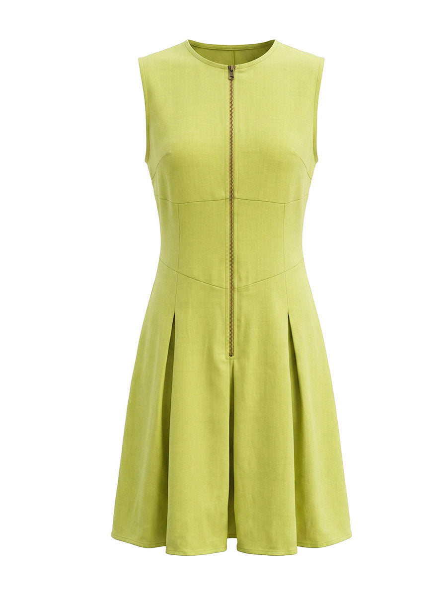 Zipper Solid Color Pockets Pleated Sleeveless A-Line Round-Neck Mini Dresses