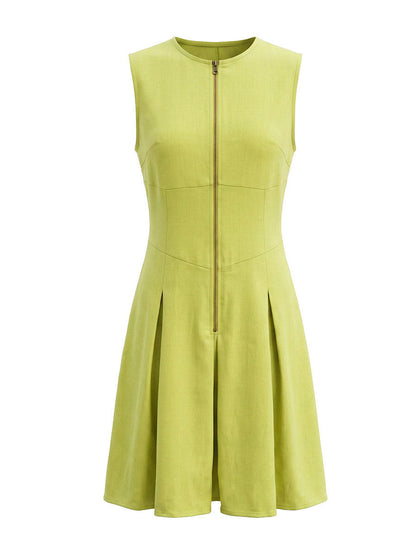 Zipper Solid Color Pockets Pleated Sleeveless A-Line Round-Neck Mini Dresses